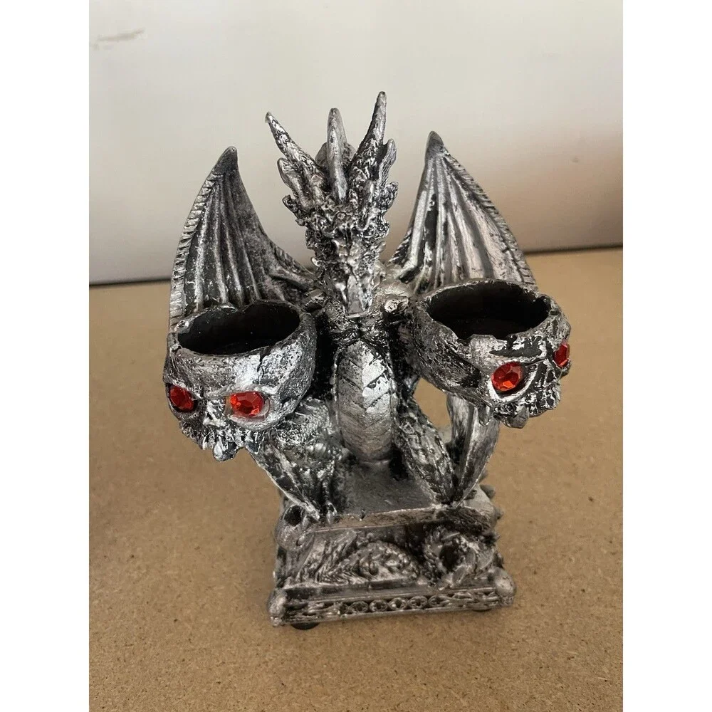 2 Dragon Skulls Candle Holder Gothic Statue Tealight Candelabra Halloween Decor